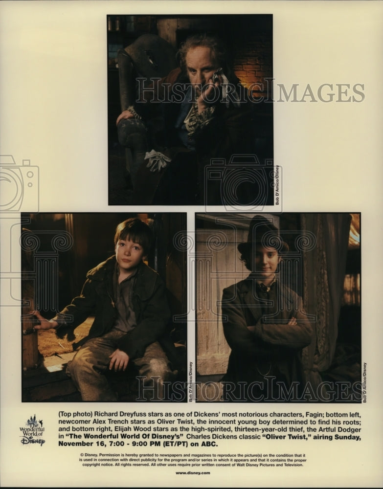 Press Photo Richard Dreyfuss Alex Trench and Elijah Wood in Tower of Terror - Historic Images