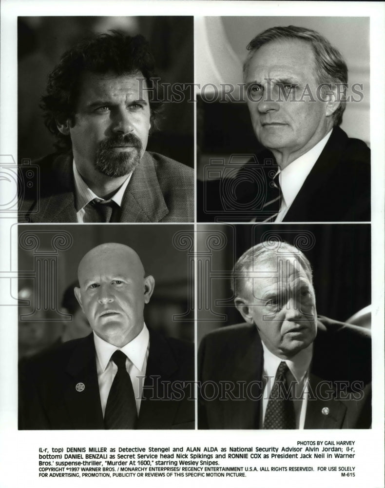 1997 Press Photo Dennis Miller, Alan Alda, Daniel Benzali &amp; Nick Cox - Historic Images