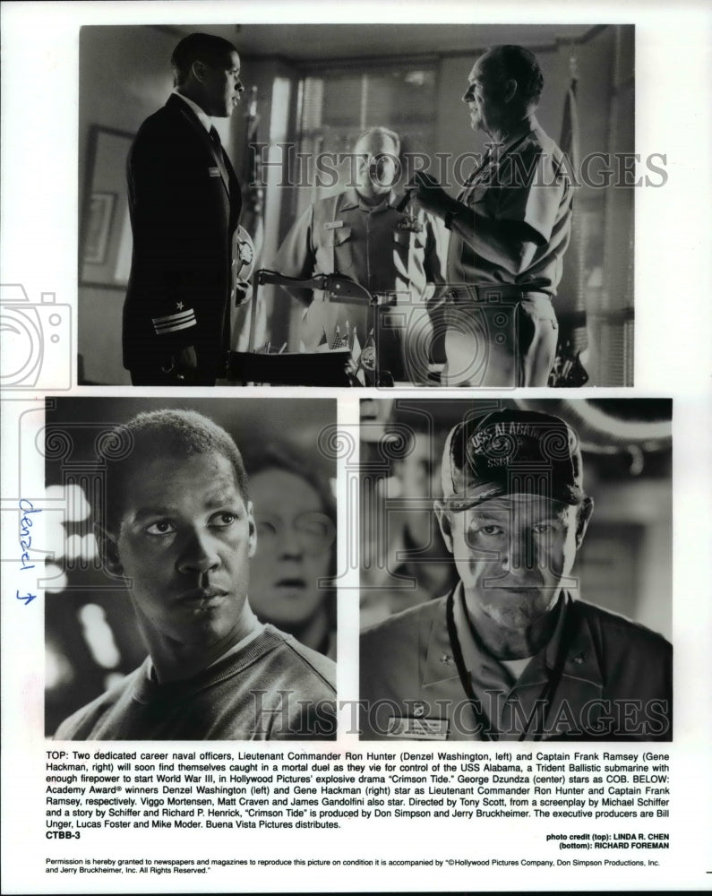 1995, Denzel Washington and Gene Hackman star in Crimson Tide - Historic Images