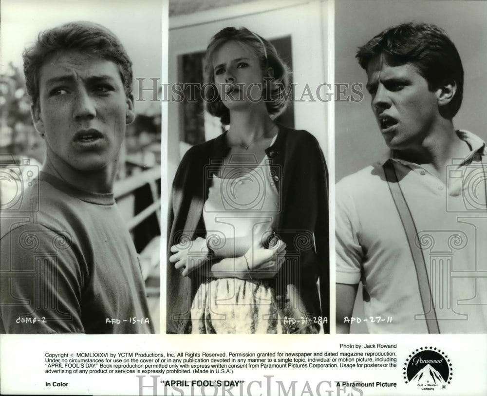 1986 Press Photo Jay Baker, Deborah Foreman, Ken Olandt in April Fool's Day - Historic Images