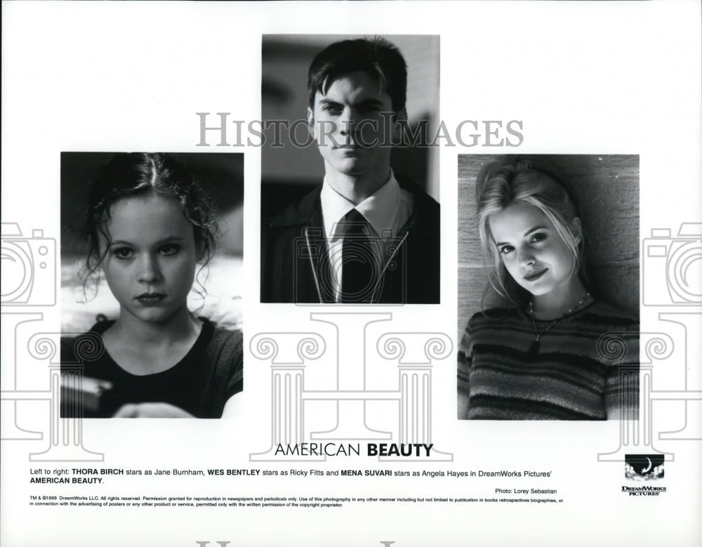 1999 Press Photo Thora Birch, Wes Bentley, Mena Suvari in American Beauty - Historic Images