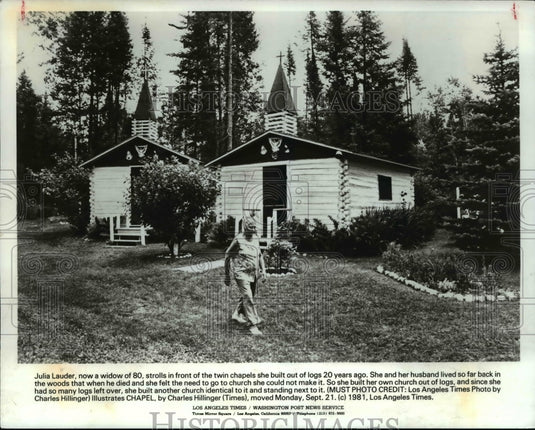 1981 Press Photo Julia Lauder Built Churches on her property Twin Chapels - Historic Images