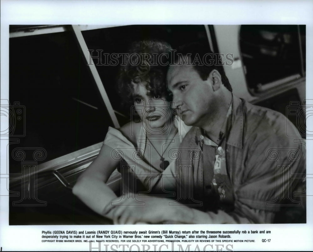 1991 Press Photo Geena Davis, Randy Qauid and Bill Lawrence in Quick Change - Historic Images