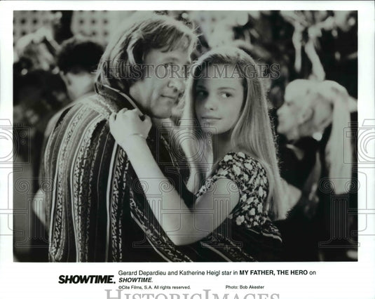 1994, Gerard Depardieu & Katherine Heigi in My Father The Hero - Historic Images
