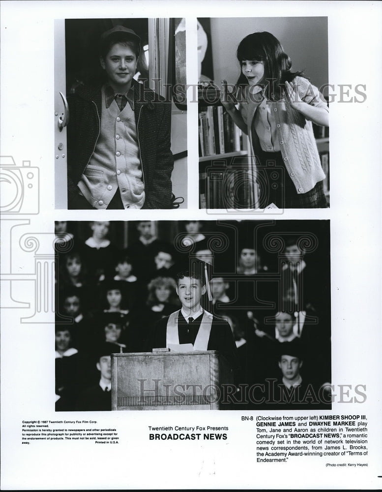 1987 Press Photo Kimber Shoop III,Gennie James &amp; Dwayne Markee in Broadcast News-Historic Images