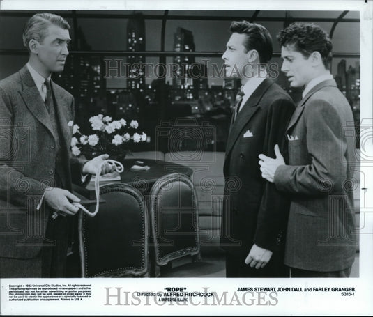 1984 Press Photo James Stewart, John Dall, Farley Granger in Rope - Historic Images