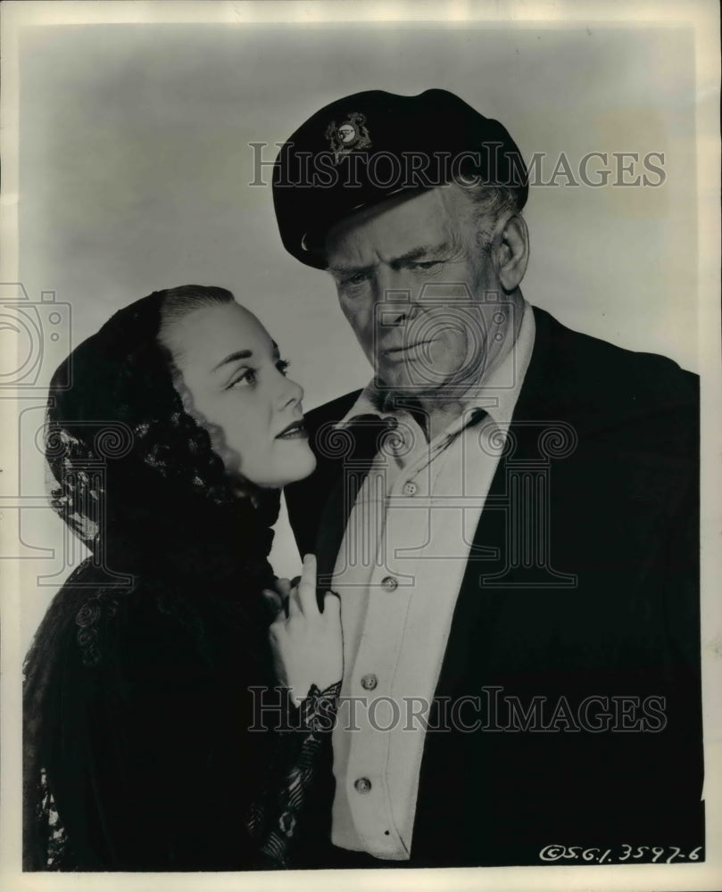 1957 Press Photo Charles Bickford and Jan Sterling in Clipper Ship - Historic Images