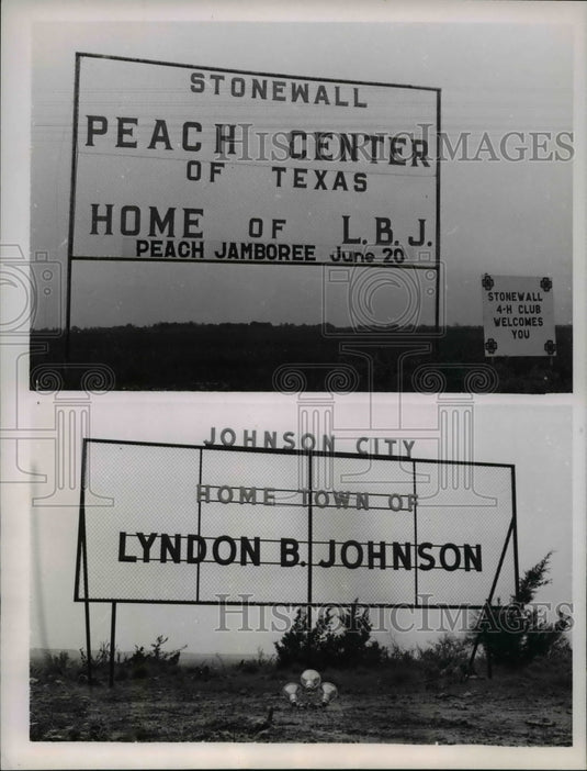 1964, Signs of rival towns, Stonewall and Johnson City, as LBJ's home - Historic Images