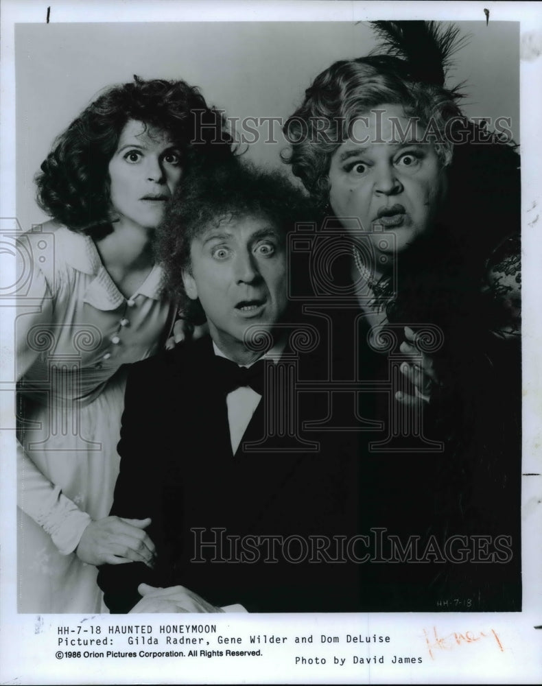 1986 Press Photo Gilda Radner,Gene Wilder and Dom DeLuise in Haunted Honeymoon- Historic Images