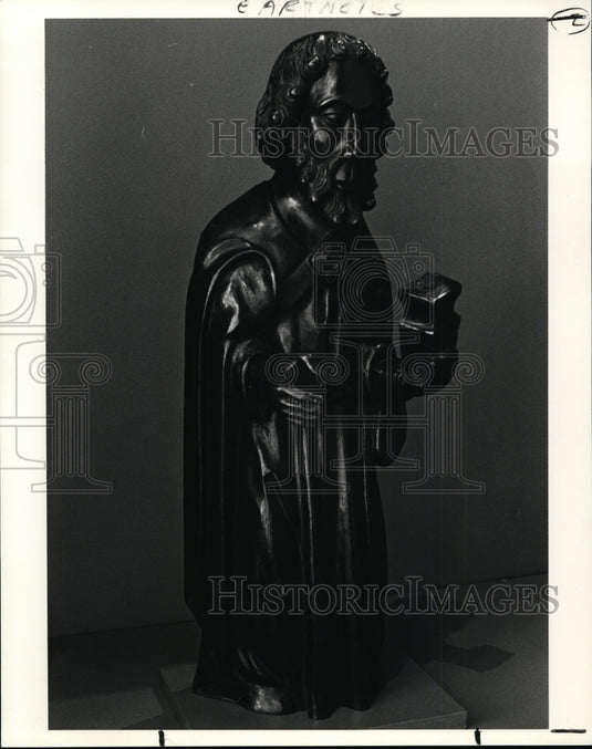 1987 Press Photo Sculpture of Saint Eloi, patron saint of blacksmiths. - Historic Images