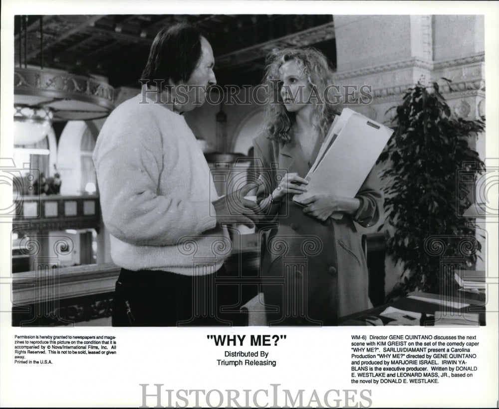 1990, Gene Quintano discusses scene with Kim Greist on set of Why Me? - Historic Images
