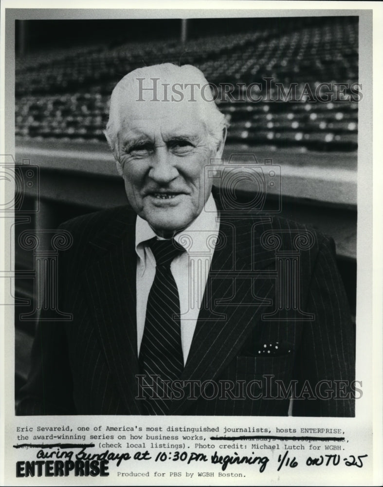 Press Photo Eric Sevareid, journalist, hosts &quot;Enterprise&quot; on PBS - cvp87454 - Historic Images