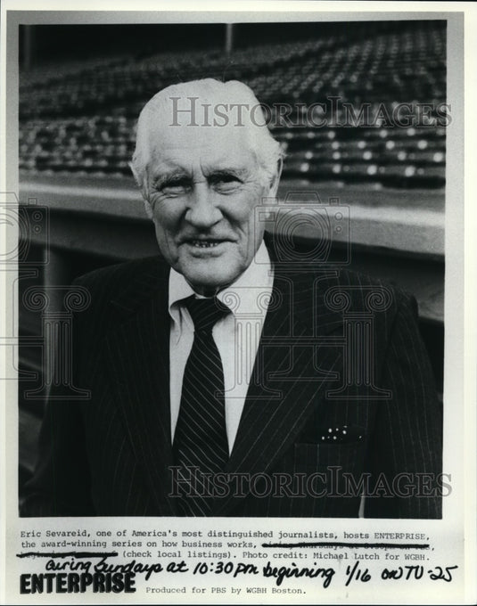 Press Photo Eric Sevareid, journalist, hosts "Enterprise" on PBS - cvp87454 - Historic Images