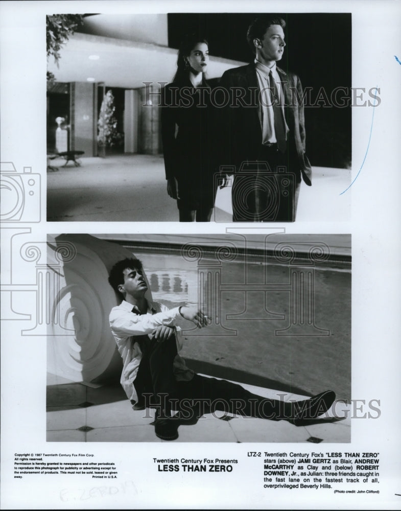 1987, Jami Gertz,Andrew McCarthy & Robert Downey Jr in Less Than Zero - Historic Images