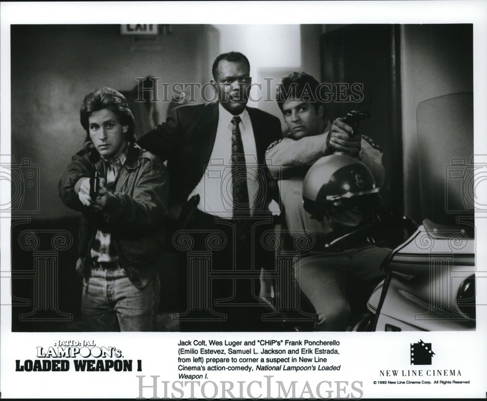 1993, Emilio Esteves and Samuel L. Jackson in Loaded Weapon I. - Historic Images