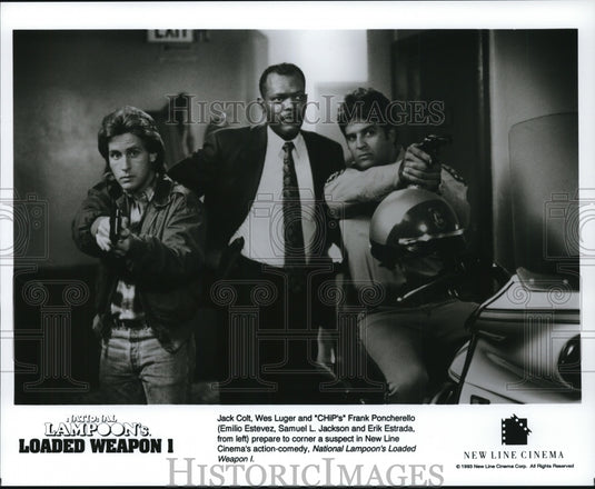 1993, Emilio Esteves and Samuel L. Jackson in Loaded Weapon I. - Historic Images