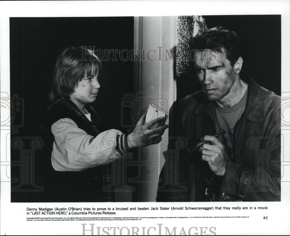 1993 Press Photo Austin O&#39;Brien and Arnold Schwarzenegger-Last Action Her0 - Historic Images