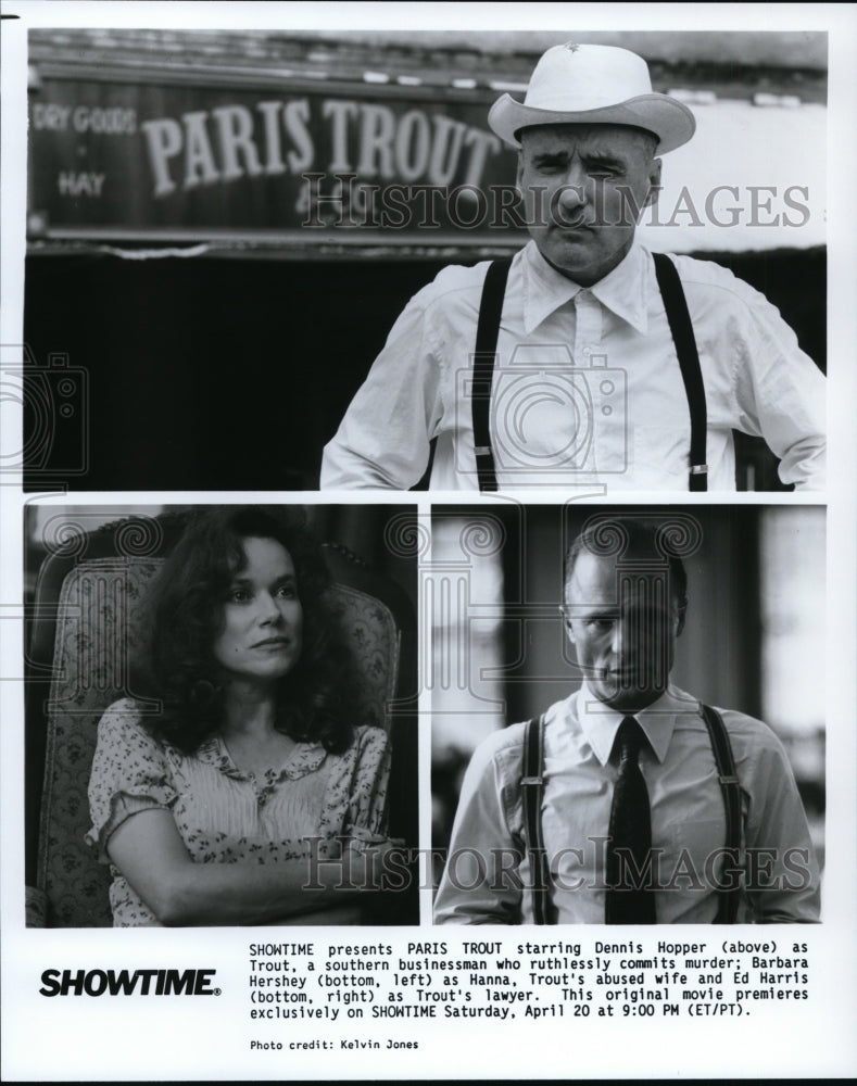 Press Photo Dennis Hopper, Ed Harris and Barbara Hershey in Paris Trout. - Historic Images