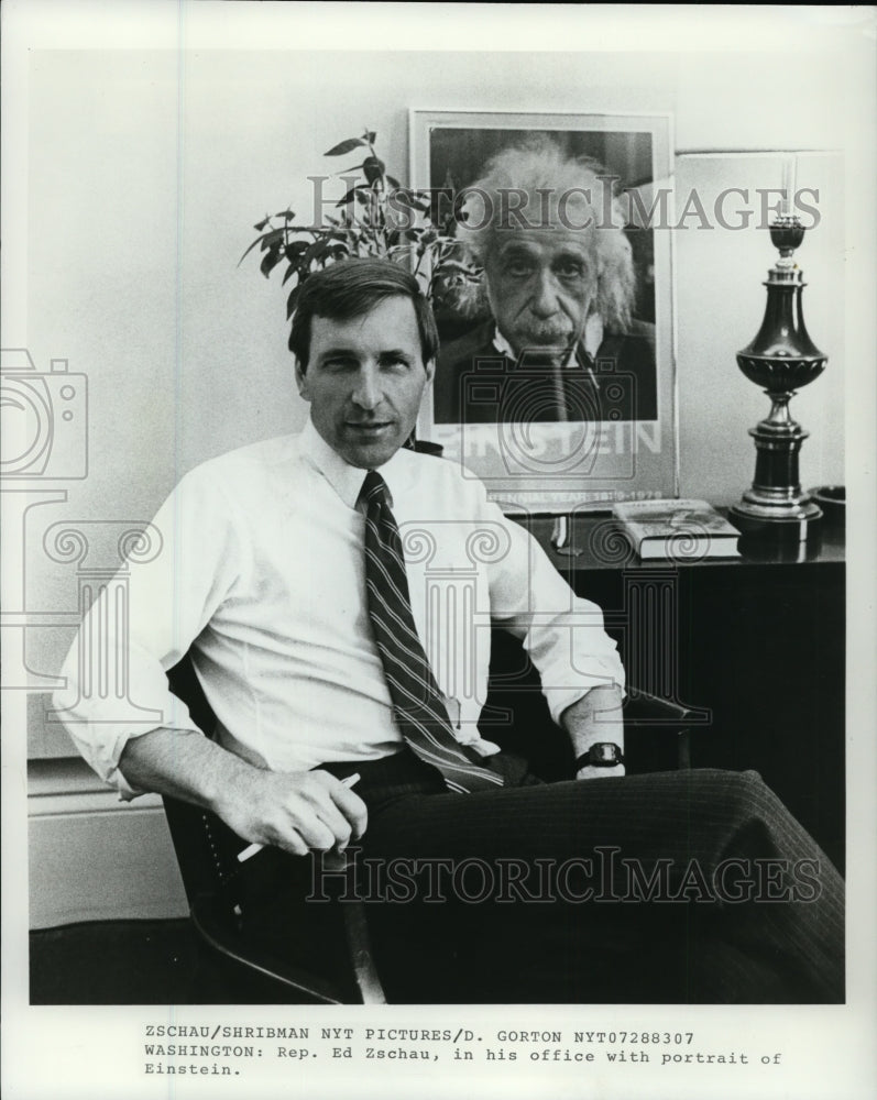 1983, Rep. Ed Zschau in his office with portrait of Einstein. - Historic Images