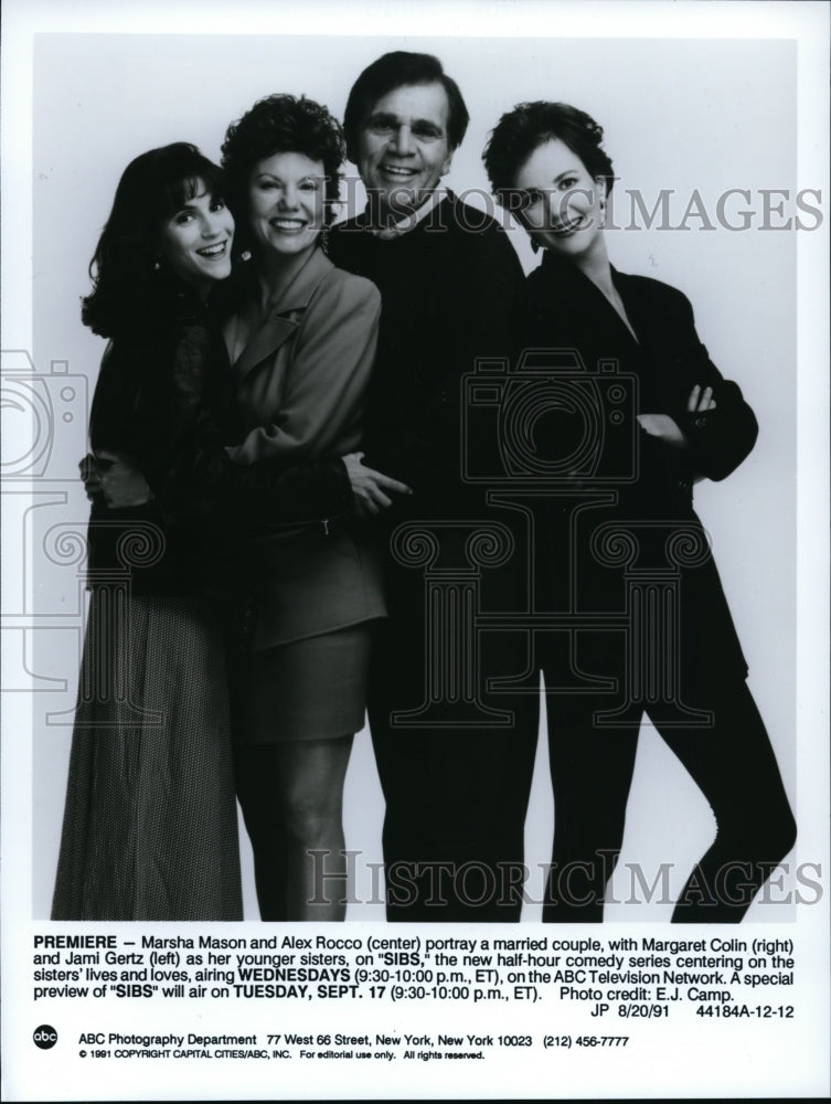 1991 Press Photo Marsha Mason, Alex Rocco, Margaret Colin &amp; Jami Gertz in Sibs. - Historic Images