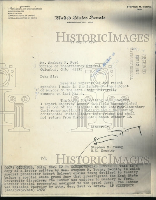 1970, A copy of letter written by Sen. Steven M. Young of Ohio. - Historic Images