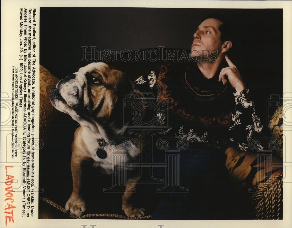 1992 Richard Rouilard, editor of The Advocate, with his dog Franklin - Historic Images