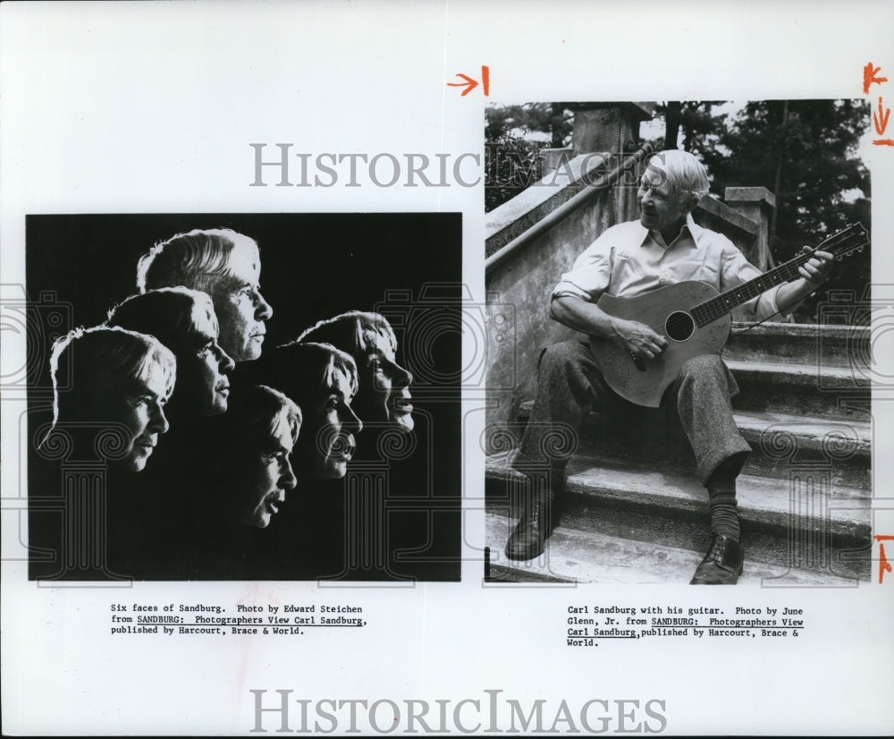 1967 Press Photo Six faces of Sandburg. Carl Sandburg with his guitar- Historic Images