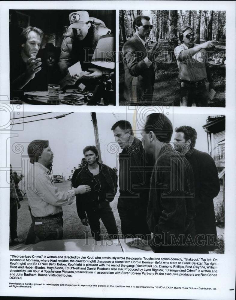 1989, Director Jim Kouf and the cast on set of Disorganized Crime. - Historic Images