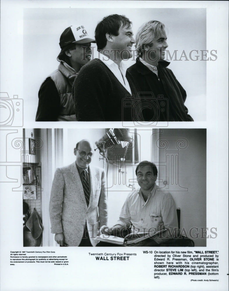 1987, Oliver Stone, Steve Lim & Edward Pressman on set of Wall Street - Historic Images