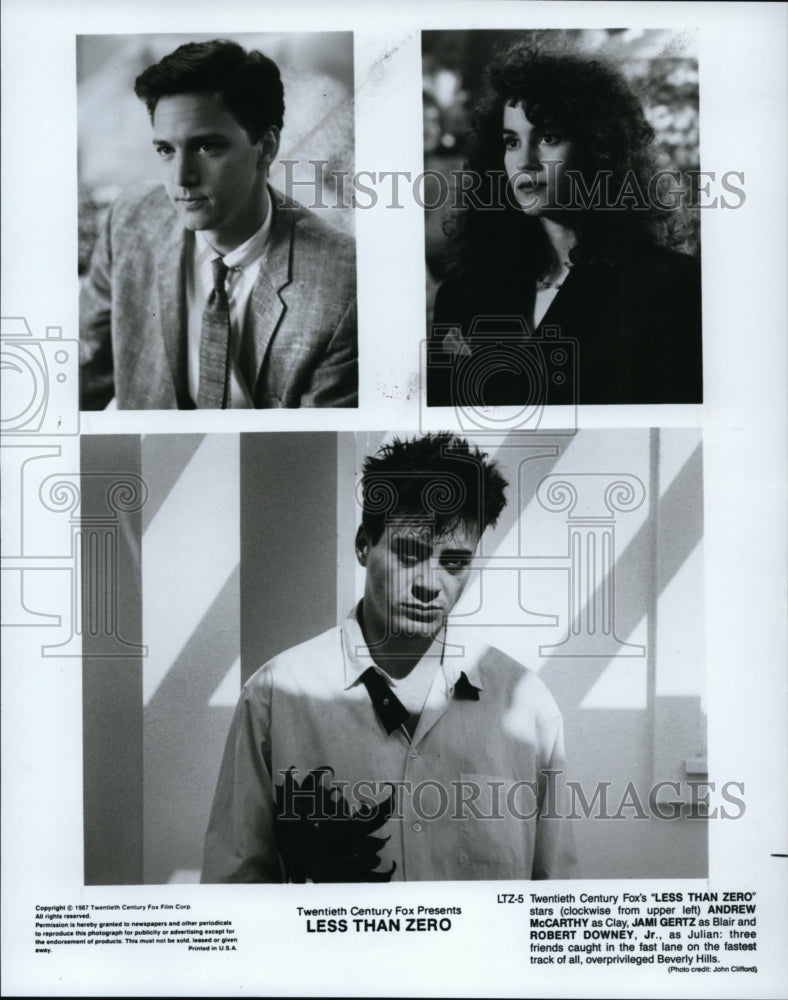 1987 Press Photo Andrew McCarthy and Robert Downey Jr. in Less Than Zero. - Historic Images