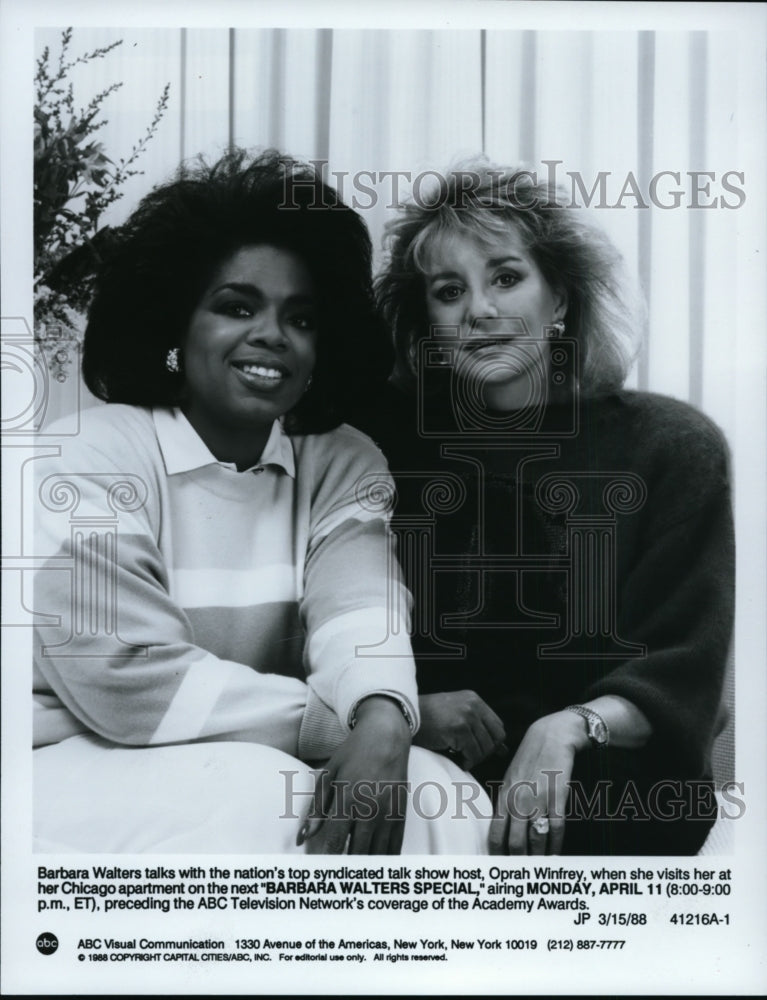 1988, Barbara Walters interviews talk show host Oprah Winfrey. - Historic Images