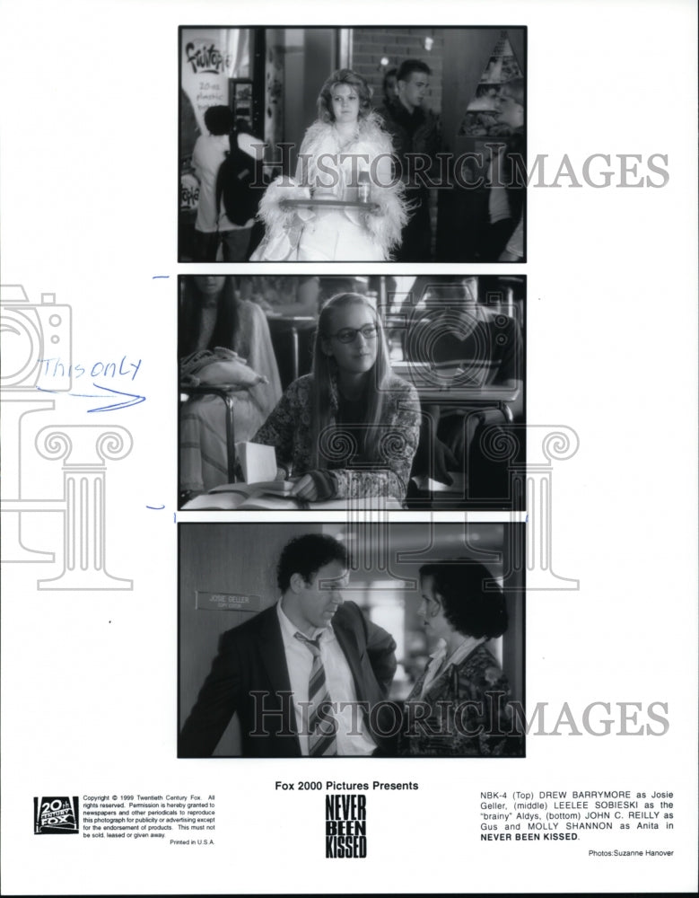 1999 Press Photo Barrymore, Leelee Sobiesky, Molly Shannon-Never Been Kissed - Historic Images