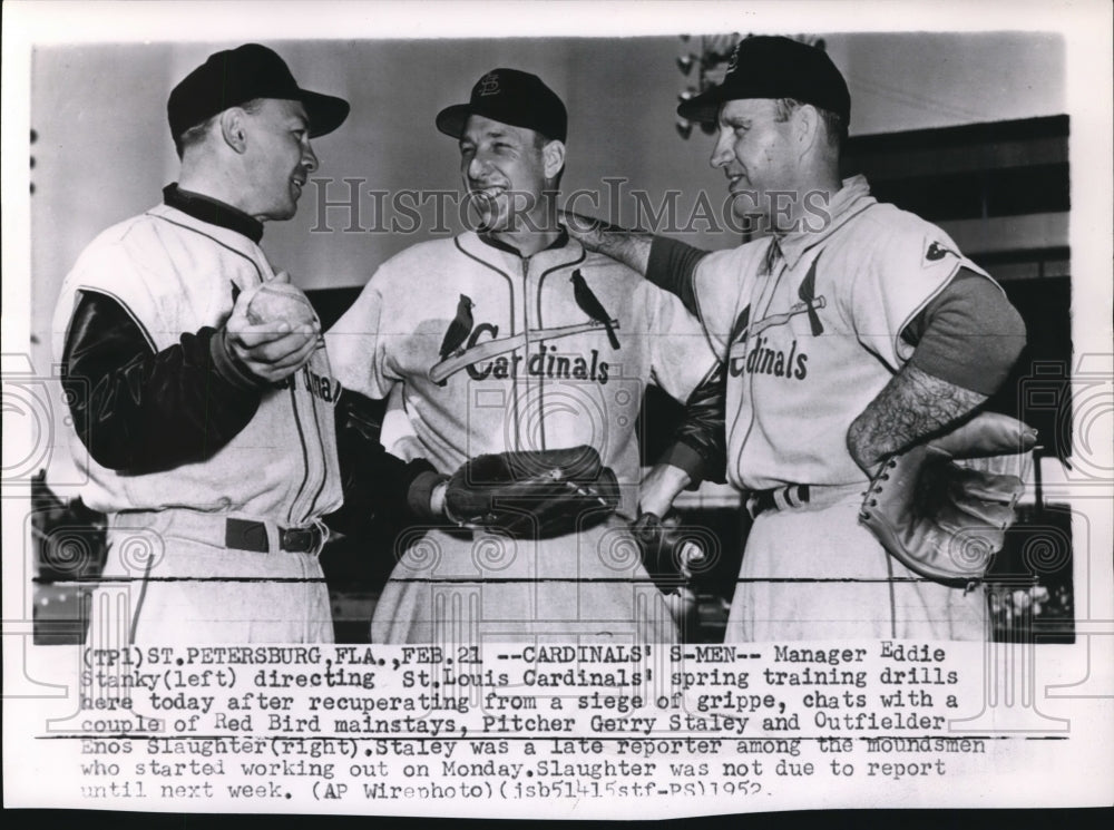 1952 Press Photo Cardinals Manager Eddie Stanky Directs Spring Training Drills - Historic Images