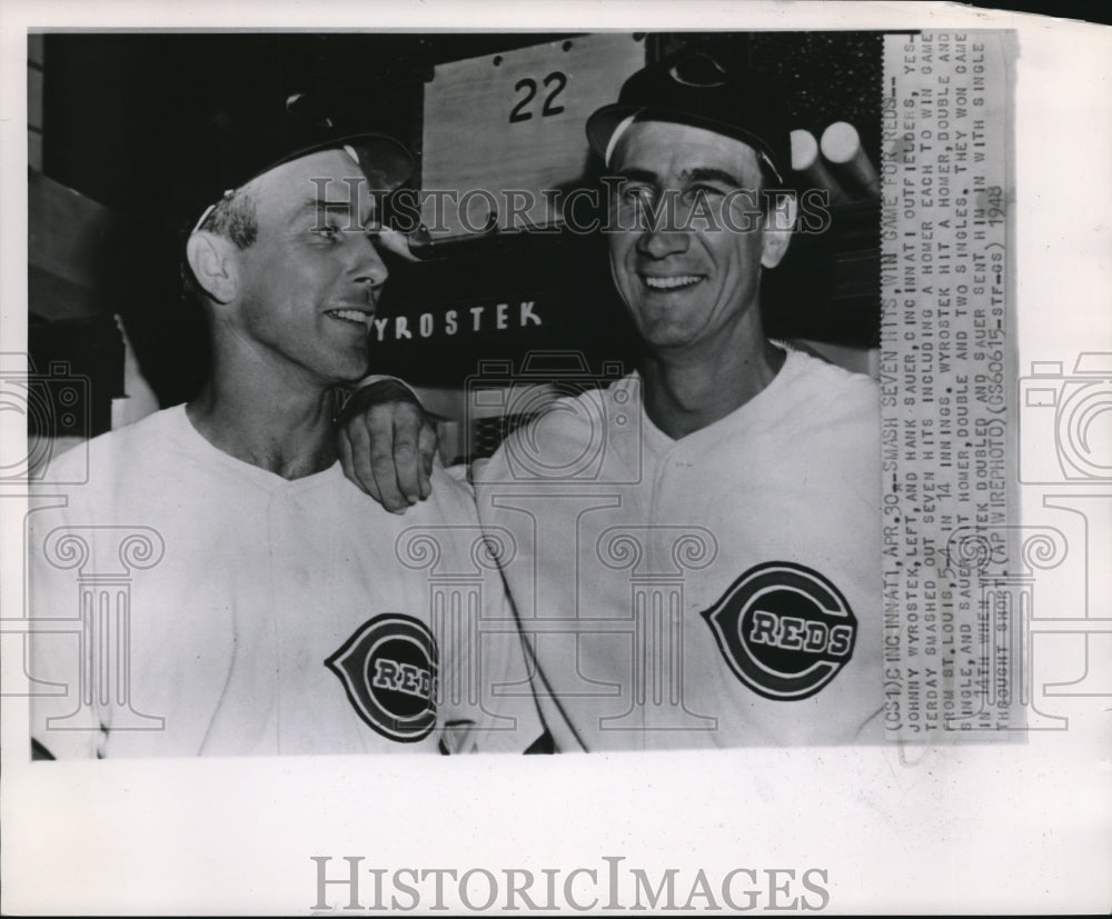 1948 Cincinnati Outfielders Johnny Wryostek and Hank Sauer - Historic Images