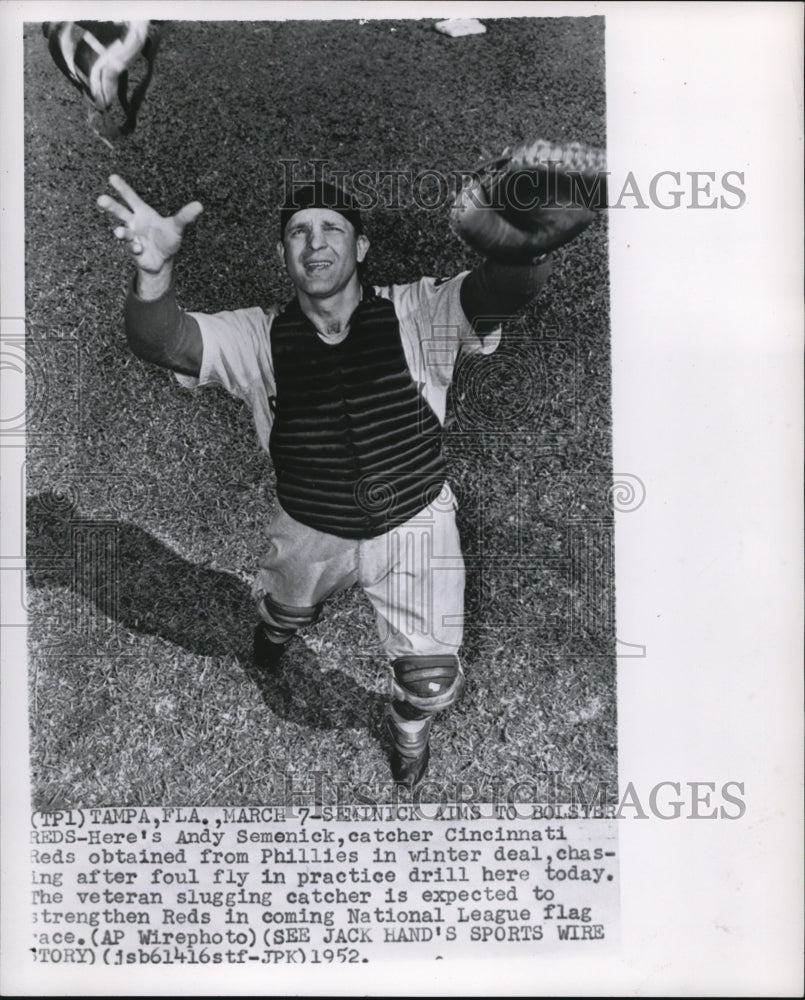 1952 Press Photo Andy Semenick Catcher Cincinnati Reds Tampa Florida Practice - Historic Images