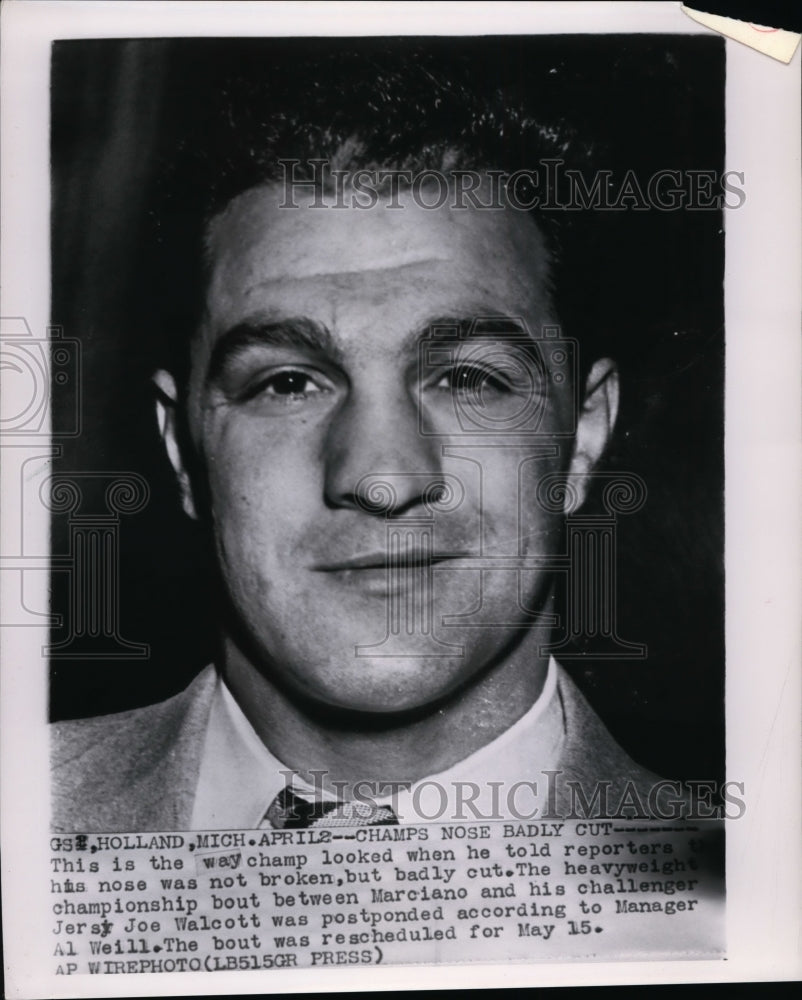 1953 Boxer Rocky Marciano Tells Reporters Nose is Cut Not Broken - Historic Images