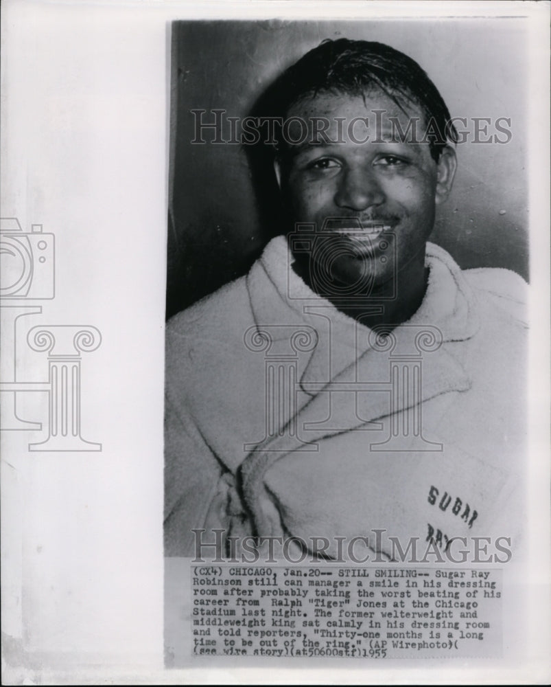 1955 Press Photo Sugar Ray Robinson Smiles After a Beating From Ralph Jones - Historic Images