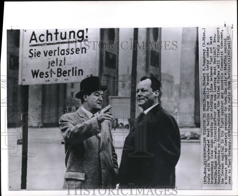 1958 Press Photo Hubert Humphrey Visits Mayor Willy Brandt in West Berlin - Historic Images