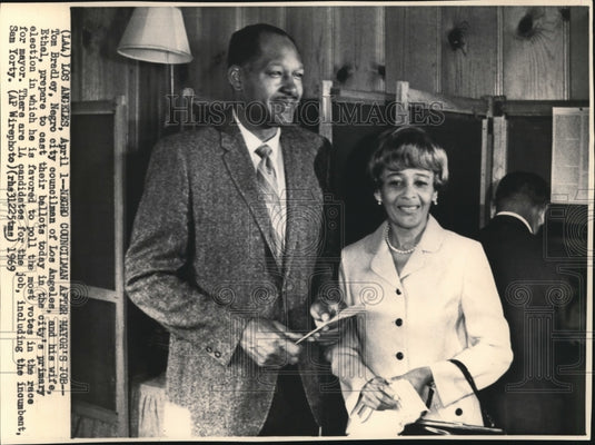 1969 Wire Photo Tom Bradley & His Wife Ethel Cast their Ballots in Los Angeles - Historic Images