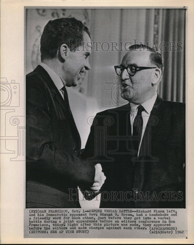 1962 Richard Nixon and his Democratic opponent Gov. Edmund G. Brown-Historic Images