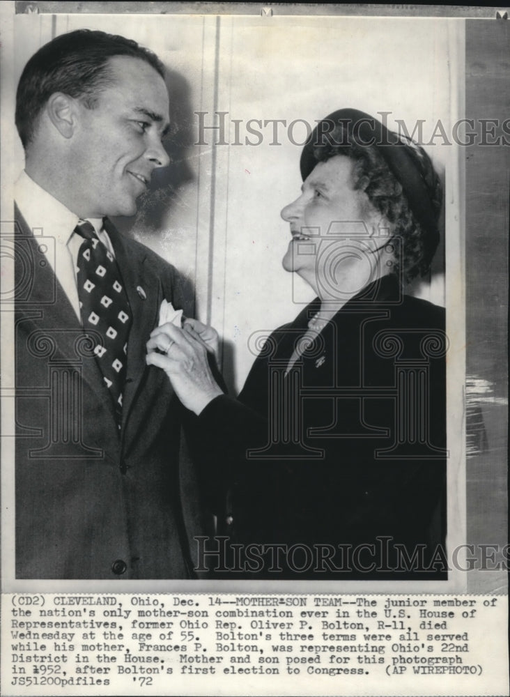 1972 Wire Photo Mother-son team Ohio Rep. Oliver Bolton died at age of 55-Historic Images