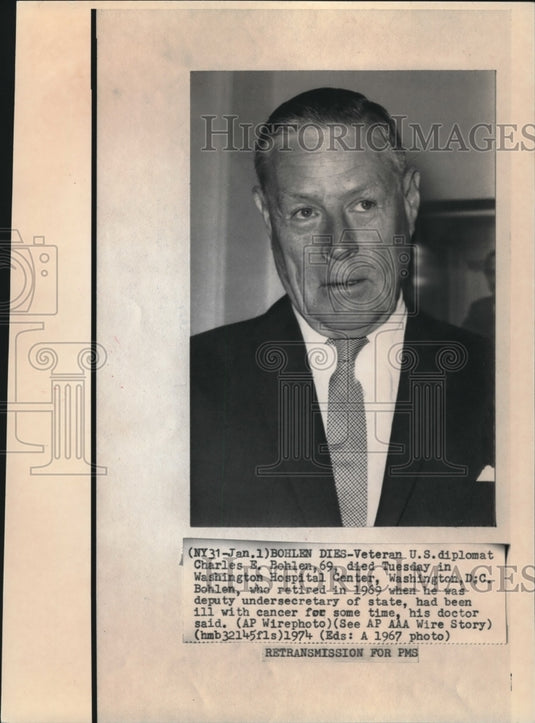 1974 Wire Photo Veteran US diplomat Charles Bohlen died in Washington Center - Historic Images