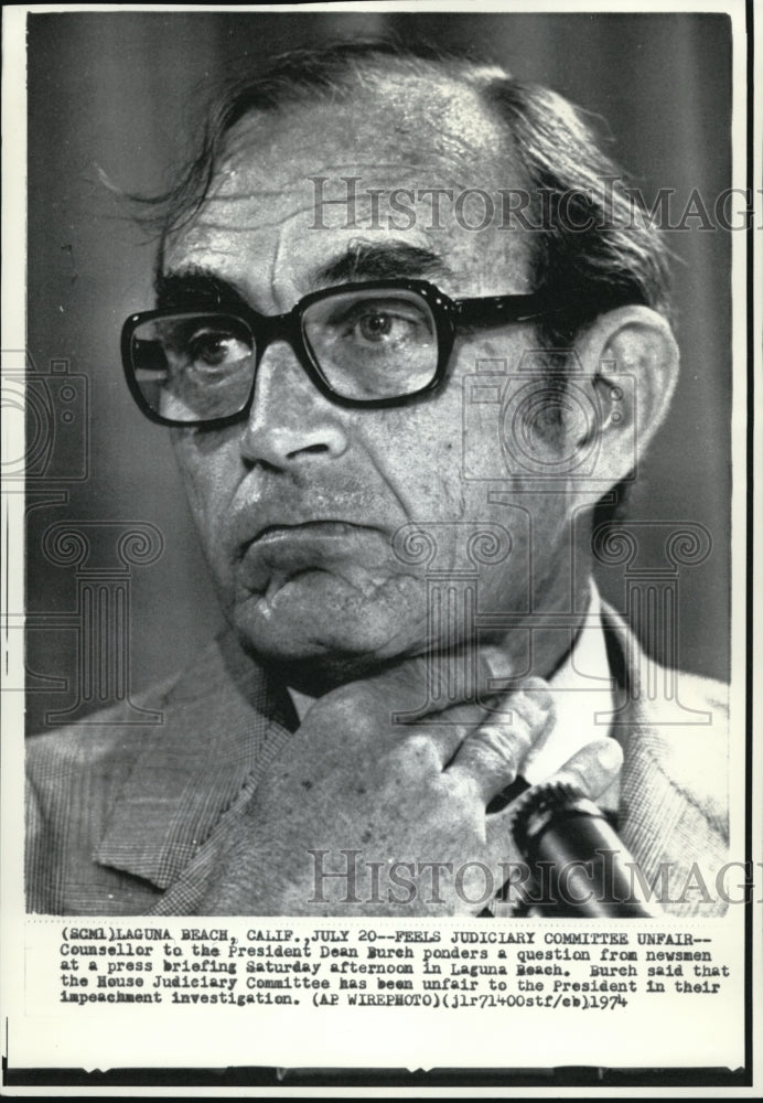 1974 Wire Photo Counselor to the President Dean Burch ponders a question-Historic Images