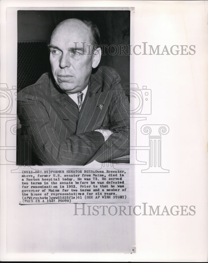 1961 Wire Photo Owen Brewster U.S. Senator from Maine died in Boston Hosp.-Historic Images