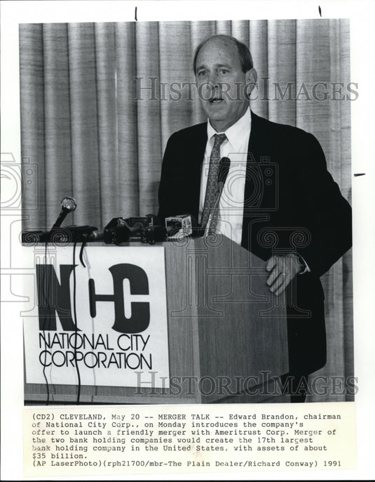 1991 Wire Photo Edward B. Brandon, CEO of NCB announces proposed with-Historic Images