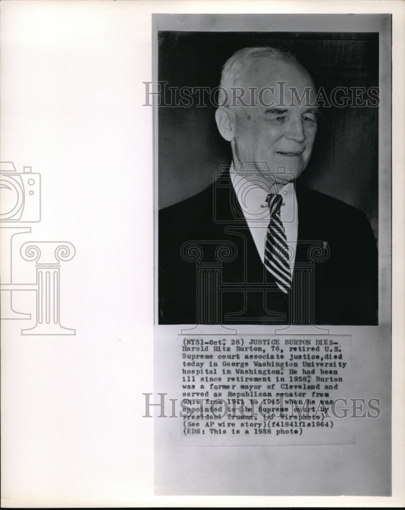 1964 Press Photo Supreme Court Associate Justice Harold Hitz Burton - Historic Images