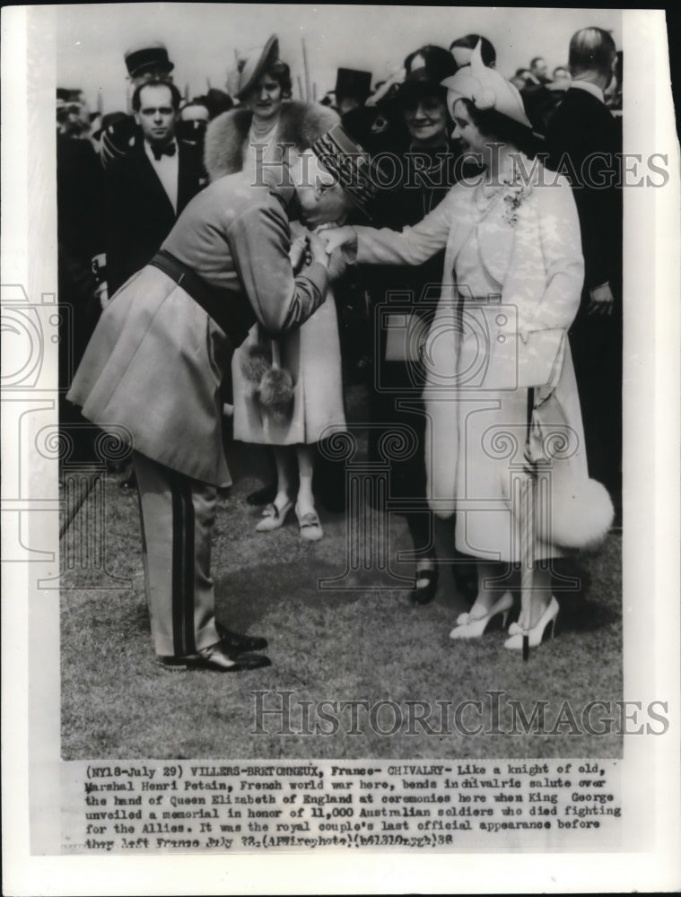 1938 Press Photo Marshall Henri Petain kisses hand of Queen Elizabeth-Historic Images