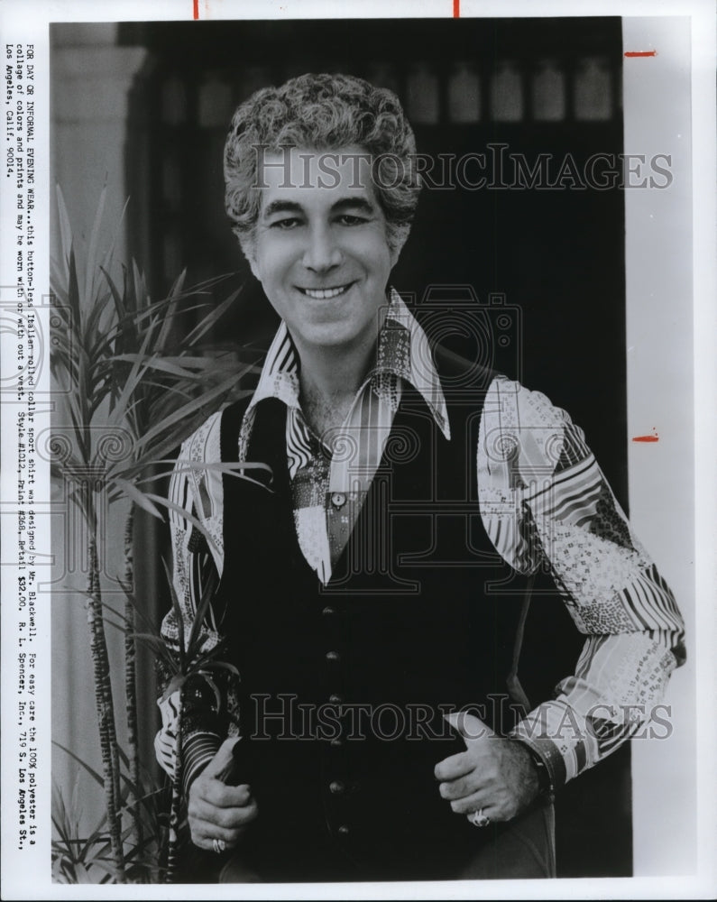 1976 Press Photo Italian rolled collar sport shirt designed by Mr Blackwell - Historic Images