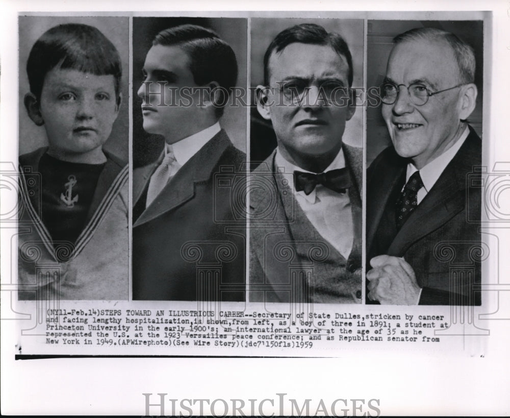 1959 Press Photo Secretary of State Dulles, stricken by cancer and facing length - Historic Images