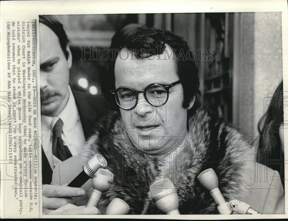 1973 Wire Photo William Dobrovir, Ralph Nader's lawyer in the milk fund case - Historic Images